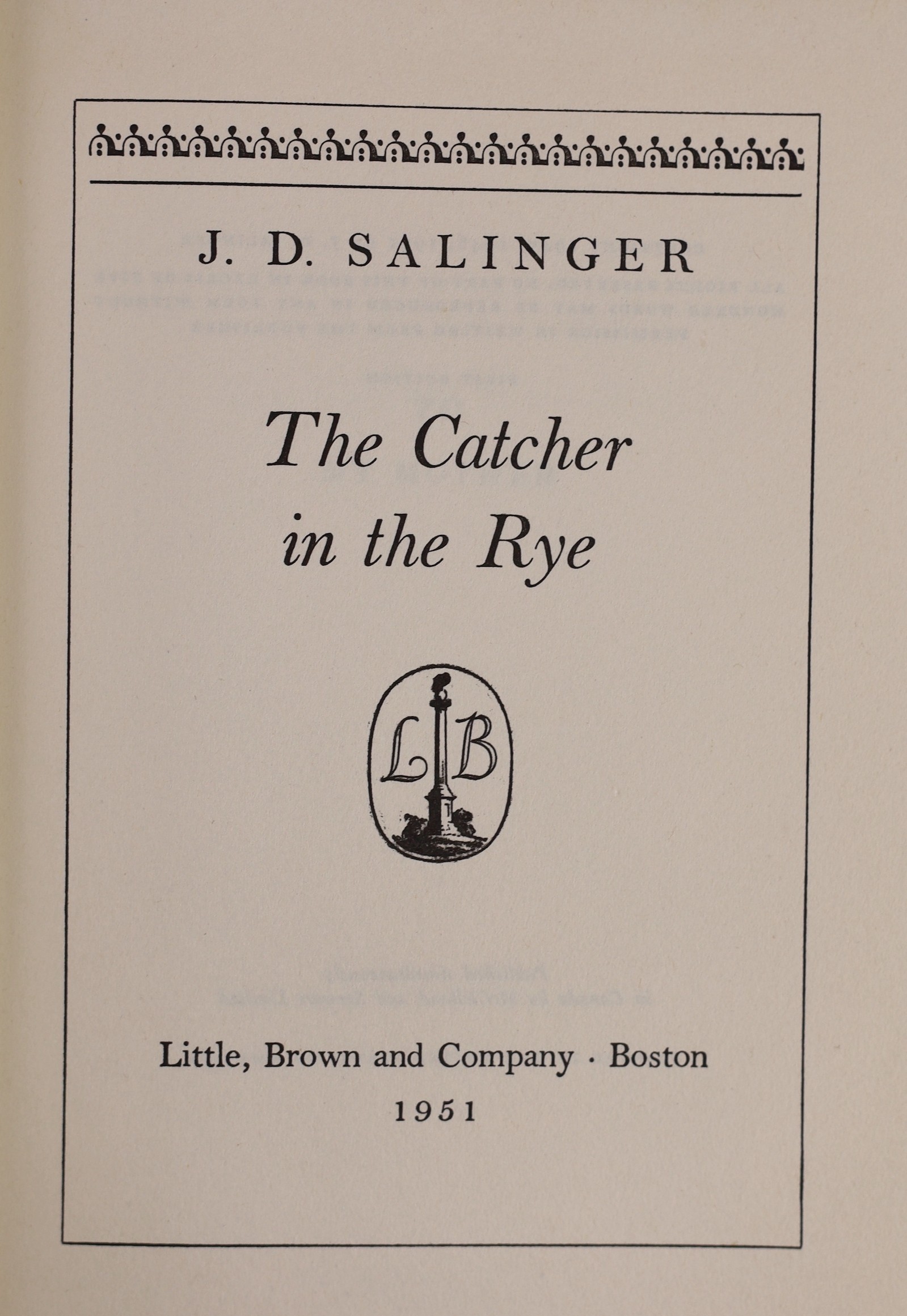 Salinger, Jerome David - The Catcher in the Rye, 1st edition, 8vo, original gilt-stamped black cloth, in 1st issue unclipped d/j printed in red, black and yellow, with photo portrait of the author by Lotte Jacobi on rear